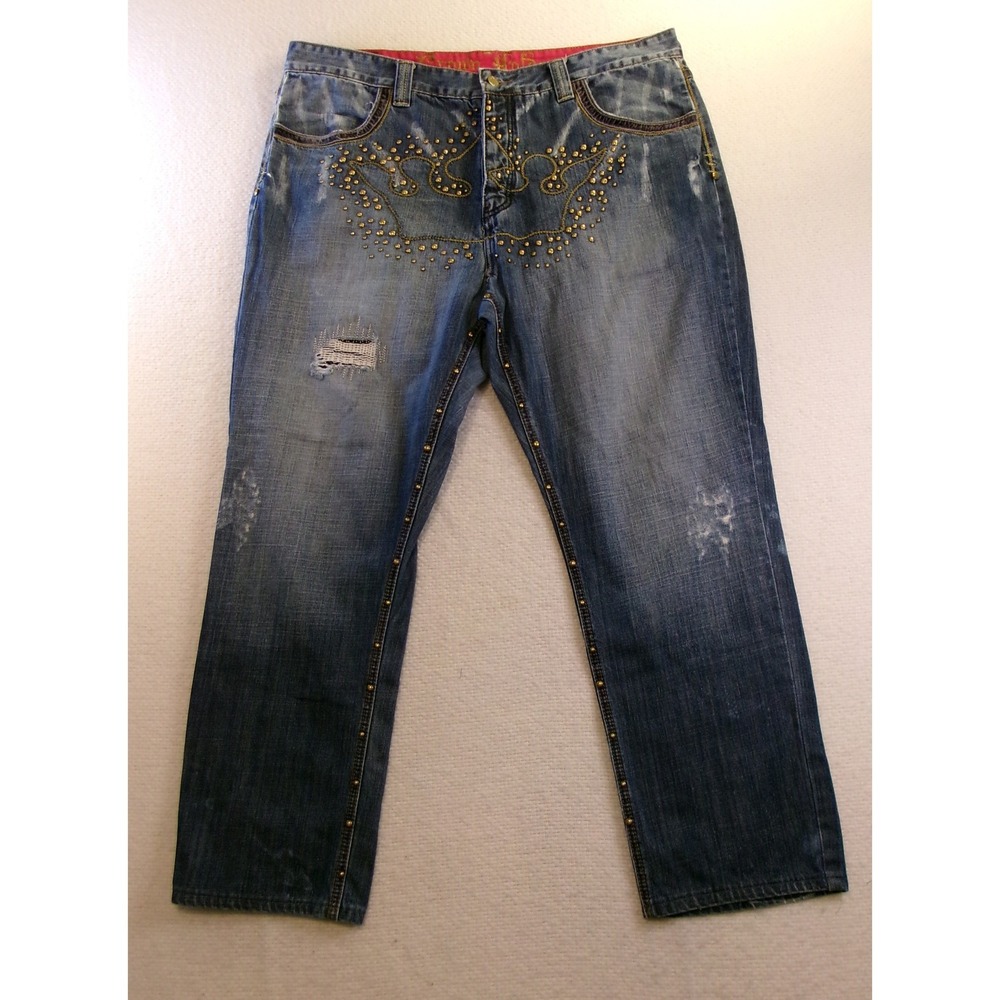 Crown Holder Mens 40 Jeans Blue Studded Crown Distressed Streetwear Denim‎